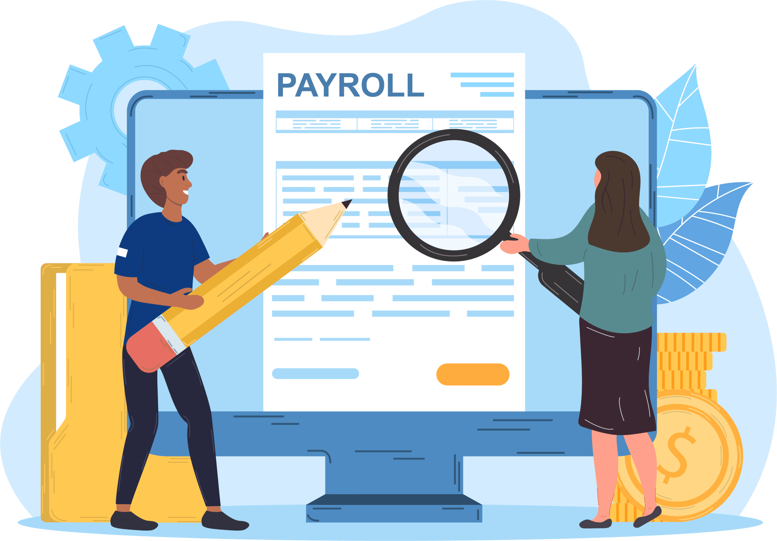 An illustration of two people examining a payroll document.