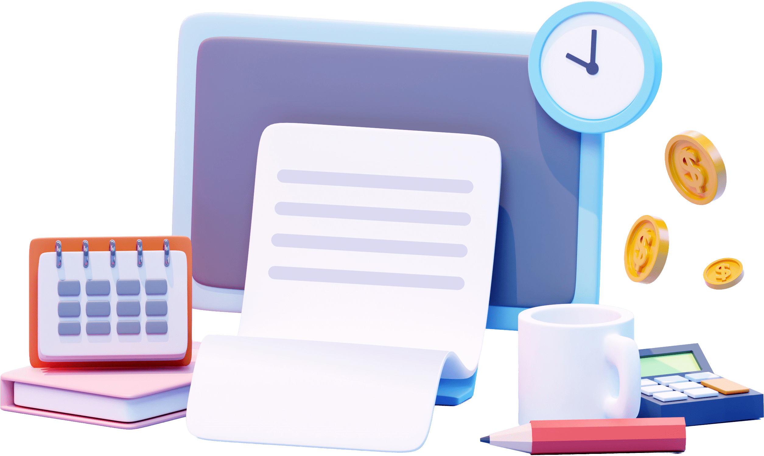 A graphic of a computer monitor and various office tools.