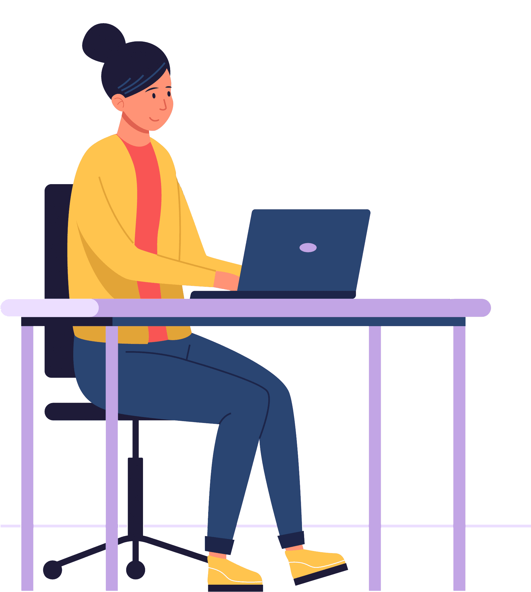An illustration of a woman working at a desk.