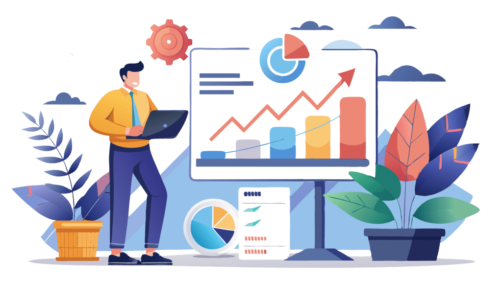 Illustration of a man reviewing a 401k chart.